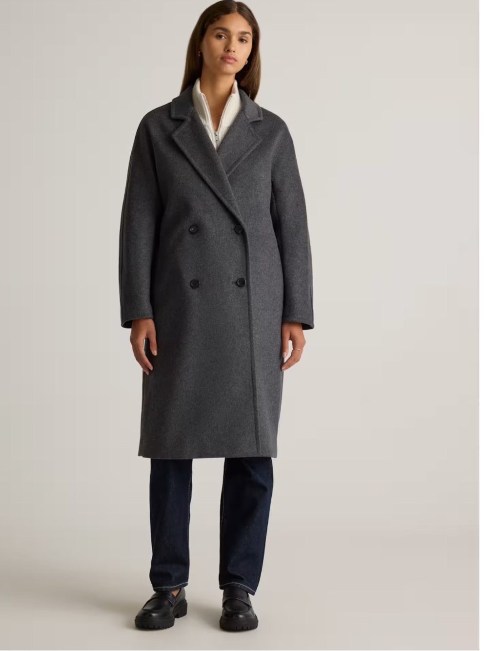 NWT Quince Italian Wool Double Breasted Slouch Coat Heather Charcoal Large 1255